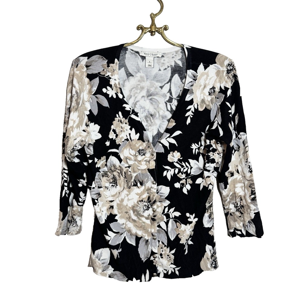 White House Black Market Floral Cardigan Sweater Black Tan White V-Neck Large